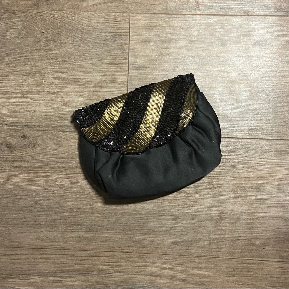 Twilight Collection Black Satin Gold Beads Handbag